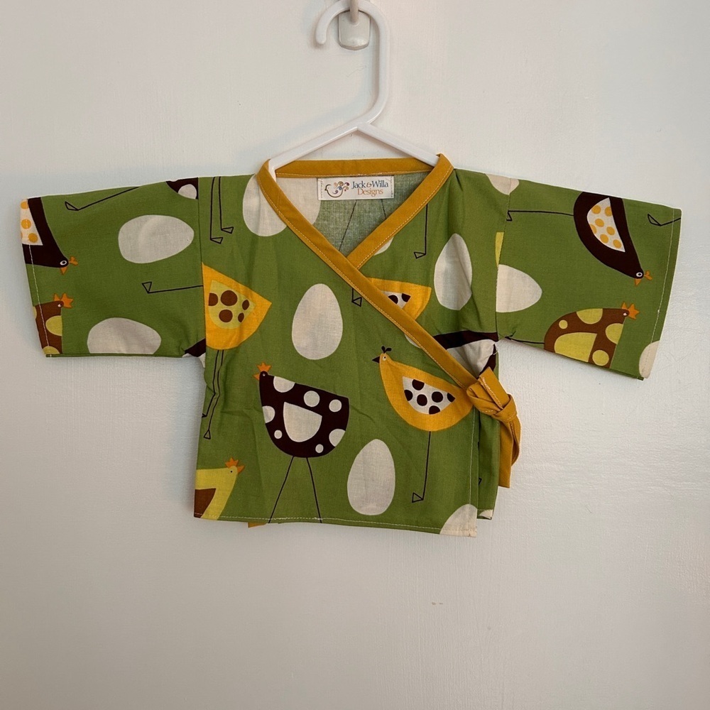 Handmade Baby Kimono Jacket in Whimsical Chicken & Egg Fabric Newborn-12m - Picture 7 of 7